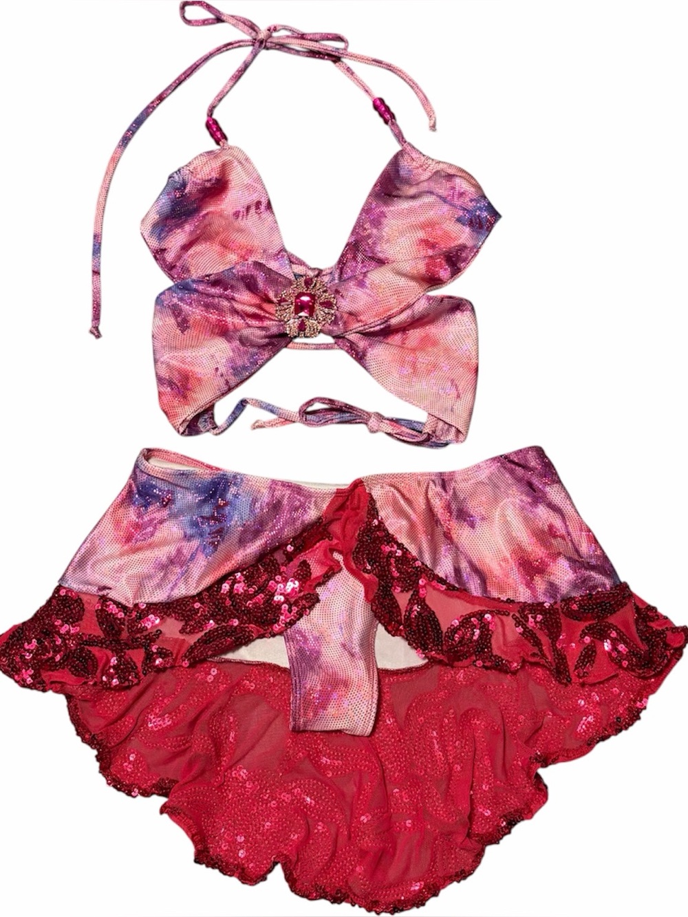 Tasteful Girl 2 Piece Rave Set Pink Butterfly Halter Top and Mini Skirt Low Rise